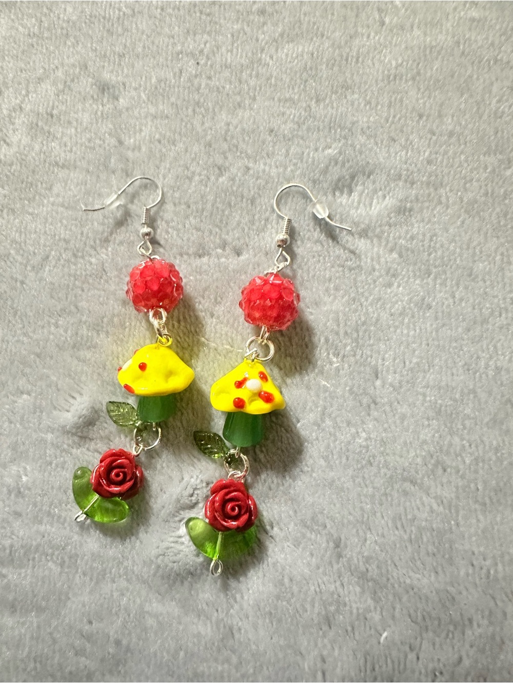 Handcrafted Yellow Mushroom & Red Rose Dangle Earrings